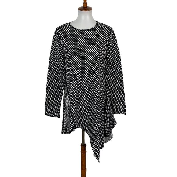 Asymmetrical Polka Dot Tunic Top Large Black White Long Sleeve Flowy Modern Chic - Picture 1 of 3